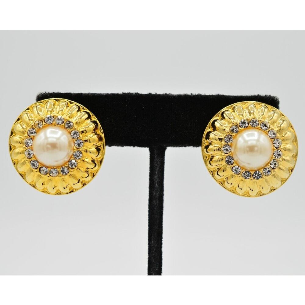 Graziano Vintage Crystal Clip Earrings Gold Pearl Rhinestone Round Signed 80s 9H